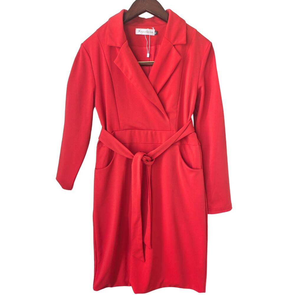 Red Wrap Belted Women's Dress Coat